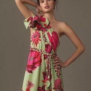 FARM RIO Fresh Garden Green Floral One-Shoulder Dress size XS  NWT